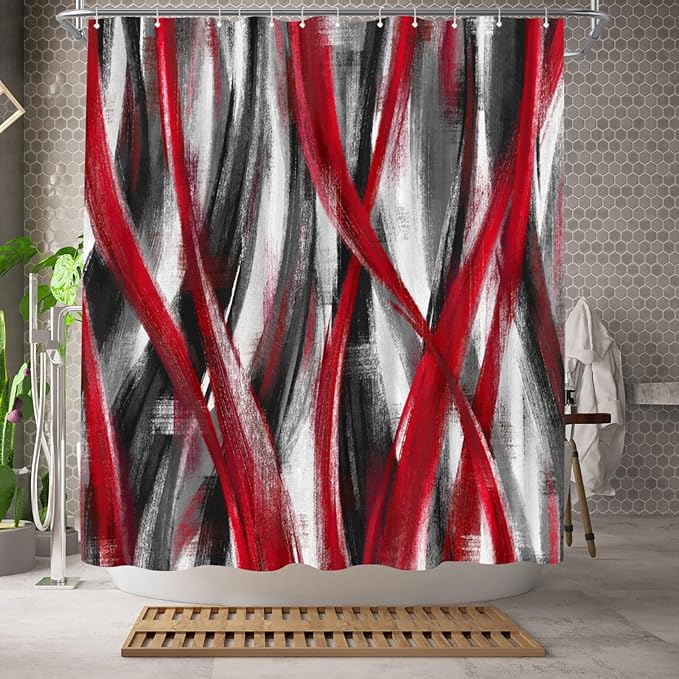 WELMECO Geometric Shower Curtain Modern Abstract Shower Curtain Bathroom Decor Polyester Fabric, 72x72inch (Red and Grey)