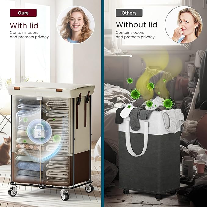 150L Rolling Laundry Basket with Wheels and 2 Removable Bags, Double Laundry Hamper with Lid, 2 Section Large Capacity for Laundry Bedroom Bathroom Dorm, Easy Move & Organize 19.7"x15.7"x31.9", White
