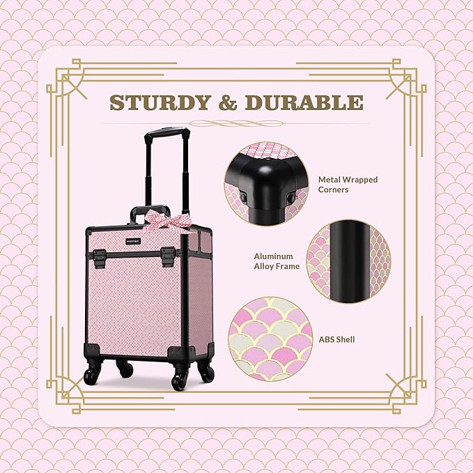 BYOOTIQUE Rolling Makeup Case on Wheels Travel Suitcase Salon Art Deco Bloom