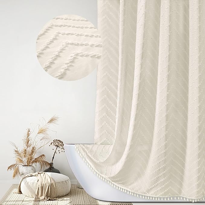 Extra Long Boho Shower Curtain Woven Fabric 84 in Cream Shower Curtain, 72 x 84, Tufted Chevron Striped Modern Chic Textured Minimalist Bathroom Shower Curtains