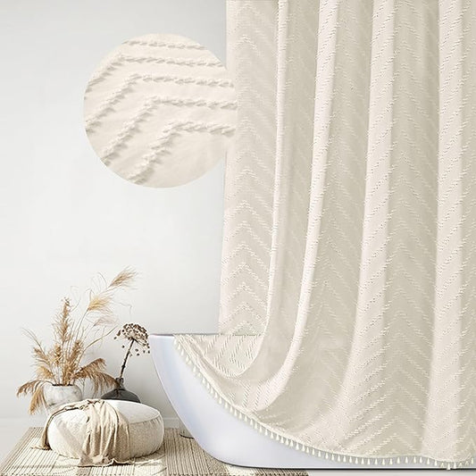 Extra Long Cream Shower Curtain with Tassel, Woven Fabric 90 in, Tufted Chevron Striped, 72 x 90, Modern Chic Textured Minimalist Bathroom