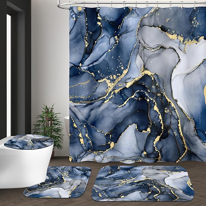 4PCS Navy Blue Marble Shower Curtain Sets with Rugs, Abstract Dark Blue Bathroom Sets with Shower Curtain and Rugs, Modern Bathroom Curtains Shower Set with Toilet Lid Cover