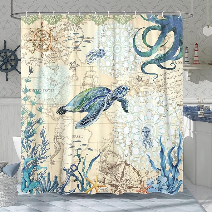 Aipon Nautical Sea Turtle Shower Curtain Octopus Ocean Teal Fish Animal Seashell Jellyfish Theme Extra Long Fabric Waterproof Shower Curtains for Bathroom Bath Curtain Decor (72'' × 78'', Teal)