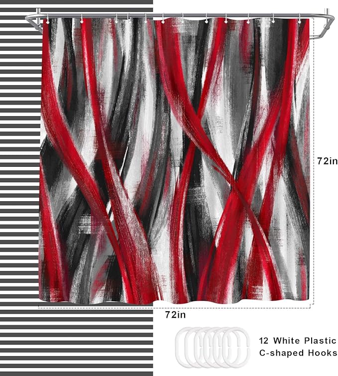 WELMECO Geometric Shower Curtain Modern Abstract Shower Curtain Bathroom Decor Polyester Fabric, 72x72inch (Red and Grey)