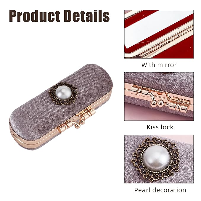 NICENEEDED Vintage Lipstick Case with Mirror, Retro Velvet Lip stick Storage Cases Lip Balm Organizer Holder, Mini Portable Jewelry Container Pearl Decoration Cosmetic Box