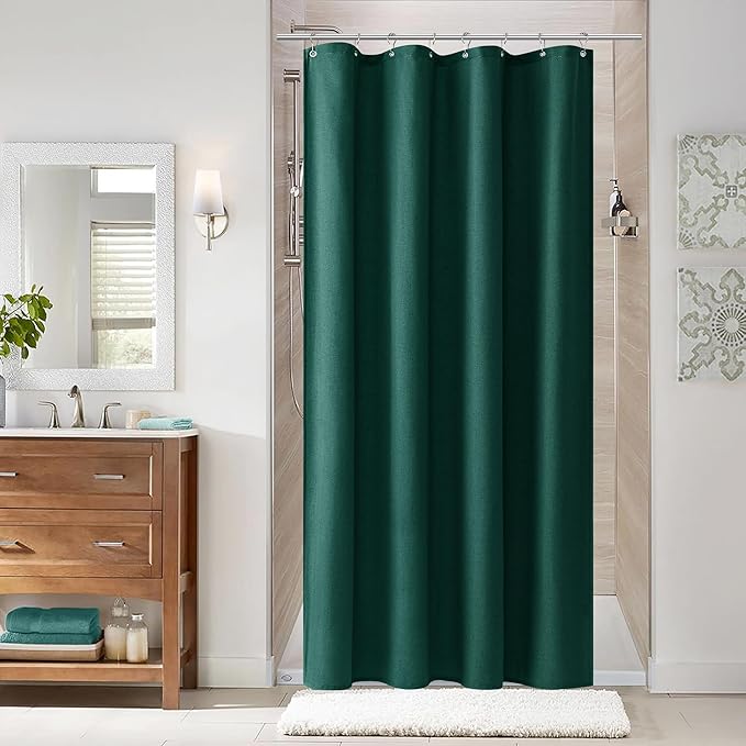 Naturoom Dark Green 48 Inch Shower Curtain - Stall Narrow Half Linen Ultra Thick Fabric Shower Curtain Set with Hooks, Boho Farmhouse Rustic RV Camper Bath Curtains for Bathroom, 48x72