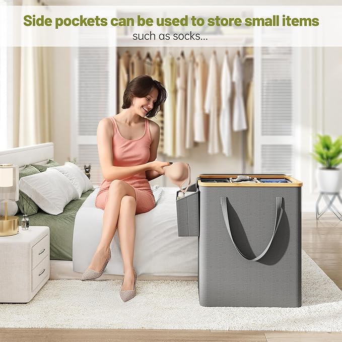 175L Laundry Hamper with Lid 3 Section, Extra Large Laundry Basket with 3 Removable Bags, 46 GAL Laundry Basket Organizer for Bedroom, Laundry Room, Dorm, Grey