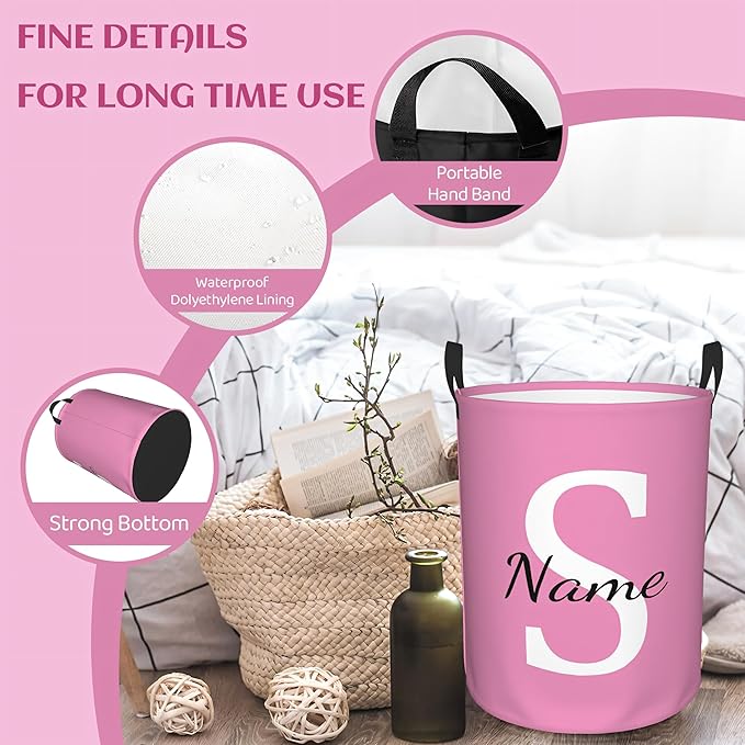 Personalized Laundry Basket Custom Name Dirty Clothes Storage Basket with Handles, Customized Name Circular Foldable Hamper with Handles for Baby Boys Girls Men Women(S)