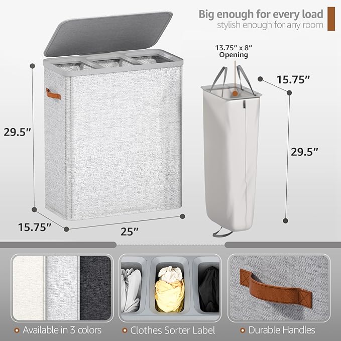Sorbus Laundry Hamper with Lid - Collapsible 3-Compartment Fabric Laundry Basket with Handles and Removable Laundry Bag – 50 Gallon (190 L) Dirty Clothes Hamper for Bedroom, bathroom and dorm (Gray)