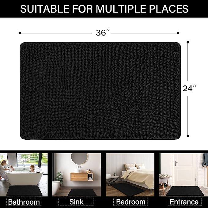 LOCHAS Luxury Bathroom Rug Shaggy Bath Mat 24 x 36 Inch, Washable Non Slip Bath Rugs for Bathroom Shower, Soft Plush Chenille Absorbent Carpets Mats, Black