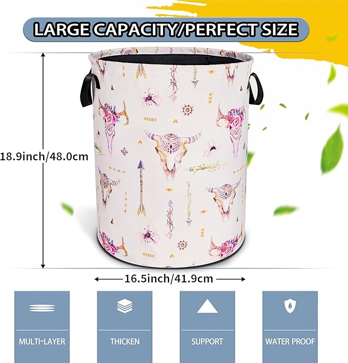 Bohemian Cow Skull Laundry Basket Ethnic Style Foldable Oxford Cloth Funny Tote Bag Laundry Hamper Clothes Storage Bucket Toy Organizer For Bathroom/Laundry Storage/Bedroom 18.9x16.5 Inch
