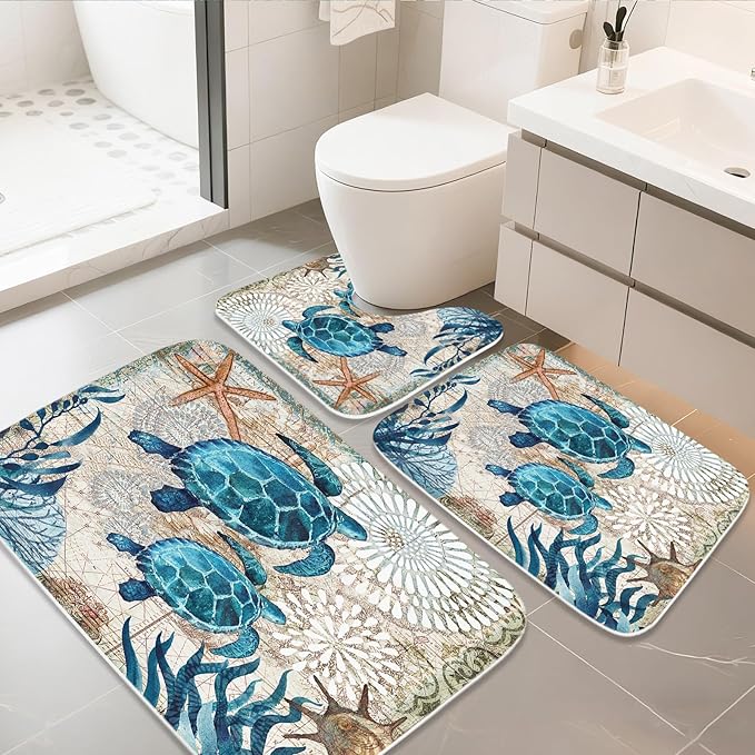 Nautical Sea Turtles Blue Ocean Beach Bathroom Rugs and Mats Sets 3 Piece, Memory Foam Bath Mat, U-Shaped Contour Shower Mat Non Slip Absorbent, Velvet Washable 20 x 31 inch