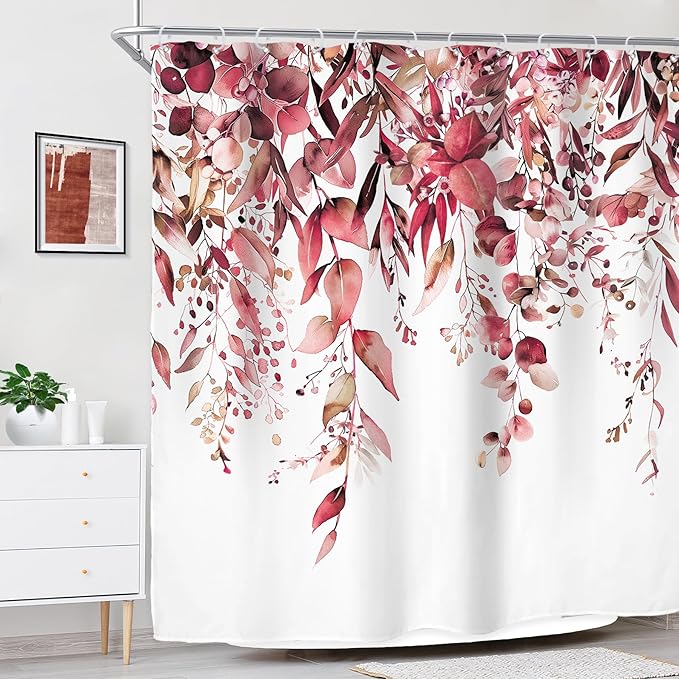 Riyidecor Burgundy Eucalyptus Leaves Shower Curtain for Bathroom Decor 72Wx72H Red Leaf Plants Botanical Leaf Floral Spring Herbs Art Printed Fabric Polyester Waterproof 12 Pack Plastic