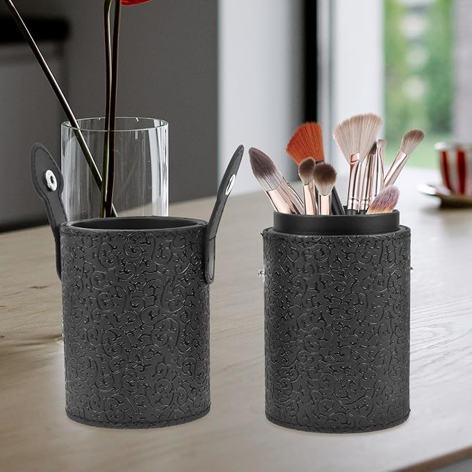 Lurrose Makeup Brush Cup Holder with Lid Portable Cosmetic Tool Storage Canister 7.08X2.55X7.08In for Home and Travel Anti-Slip Elegant Design