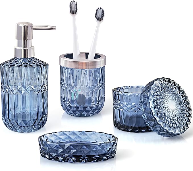 LaMarriti Blue Bathroom Accessories Set, 4Pcs Clear Glass Bathroom Decor Set, Lotion Soap Dispenser, Toothbrush Holder, Qtips Holder, Soap Dish for Crystal Modern Bath Decor, Gift Set