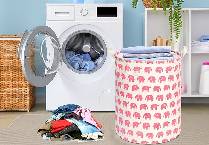 KUNRO Round Laundry Gift Basket Storage Hamper, Clothes Storage Organizer Bins, Shelf Basket with Handles for Room Decor (Pink Elephant)