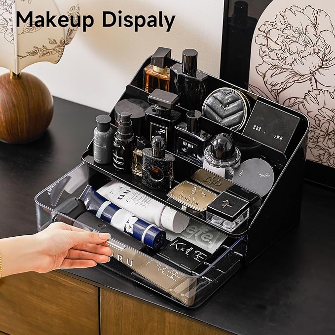 3-Tier Perfume and Cologne Organizer Stand with Large Detachable Drawer, Makeup Organizer for Vanity, Display Riser Plastic Storage Shelf, Bathroom, Office, Black