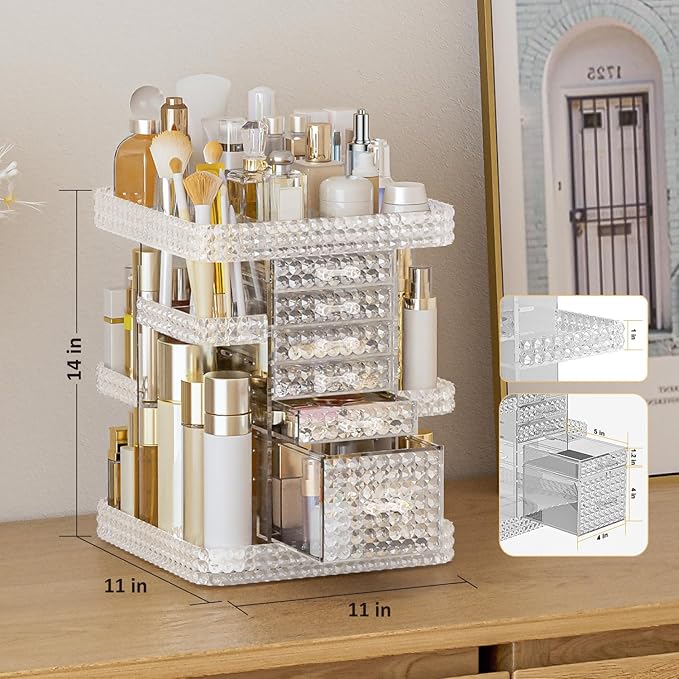 360 Rotating Makeup Organizer for Vanity, Large Skin Care Organizer with 6 Drawers Clear Acrylic Cosmetic Organizer Adjustable Spinning Makeup Storage Perfume Organizer for Dresser (Clear)