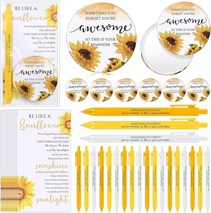 Cinnvoice 36 Set Inspirational Gifts for Women Sunflower Mini Compact Mirror and Pen with Motivational Cards Sometimes You Forget Your Awesome Gifts for Mother Coworkers or Any Woman (Inspirational)