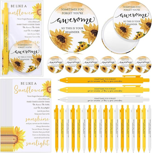 Cinnvoice 18 Set Inspirational Gifts for Women Sunflower Mini Compact Mirror and Pen with Motivational Cards Sometimes You Forget Your Awesome Gifts for Mother Coworkers or Any Woman (Inspirational)