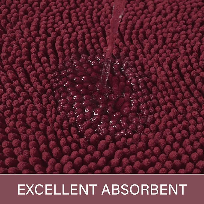 LOCHAS Luxury Bathroom Rug Shaggy Bath Mat 24 x 60 Inch, Washable Non Slip Bath Rugs for Bathroom Shower, Soft Plush Chenille Absorbent Carpets Mats, Burgundy