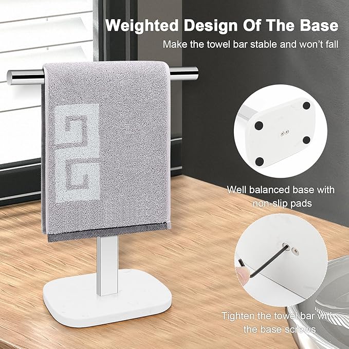 NearMoon T-Shape Hand Towel Holder-Bath Towel Rack-Standing with Balanced Base Towel Bar for Bathroom Kitchen Vanity Countertop, Modern Stand Towel Ring with Marble Base (14 Inch, Chrome)