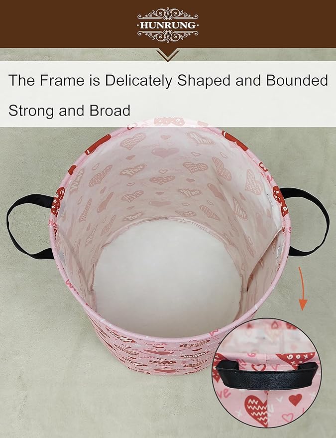HUNRUNG Laundry Hamper,Large Canvas Fabric Lightweight Storage Basket Toy Organizer Dirty Clothes Collapsible Waterproof for College Dorms???Round-Pink Love Heart???