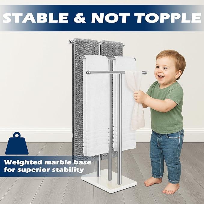 Standing Towel Rack with Marble Base, 3-Tier Free Standing Towel Racks for Bathroom, 40" Height Floor Towel Stand Holder for Bathroom, White