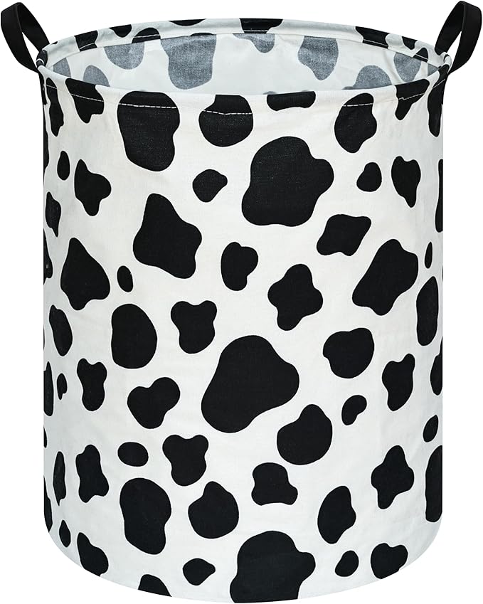 KUNRO Round Laundry Gift Basket Storage Hamper, Clothes Storage Organizer Bins, Shelf Basket with Handles for Room Decor (Rould Cow pattern)