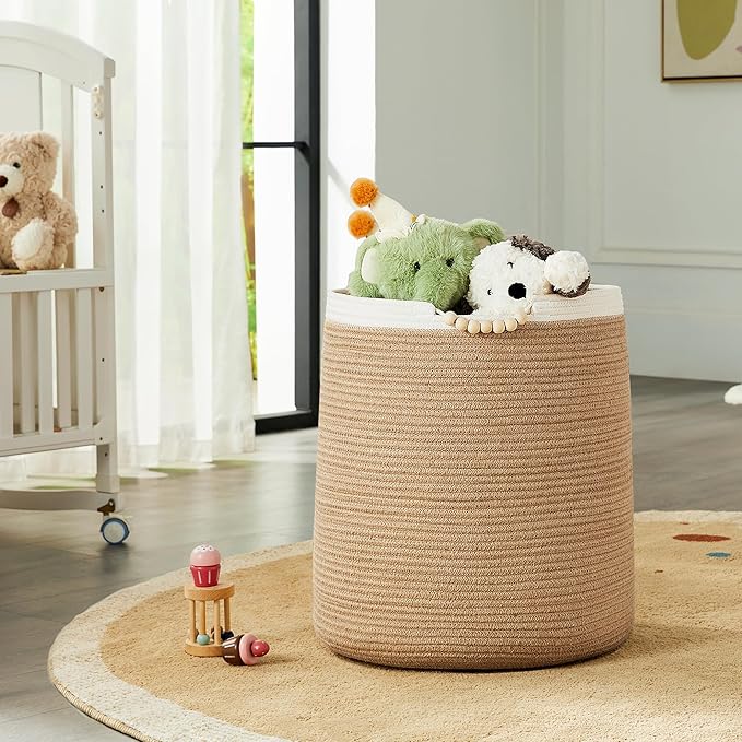 65L Woven Jute Laundry Hamper Basket for Clothes Boho Wicker Rope Baskets for Blanket in Living Room Bedroom Baby Nursery Hamper Bin for Kids 16"Wide 19"Tall
