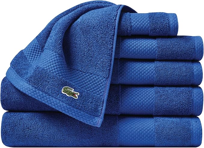 Lacoste Heritage Anti-Microbial Supima Cotton 6-Piece Towel Set, 2 Bath Towels, 2 Hand Towels, 2 Washcloths, Surf Blue – Highly Absorbent & Quick Drying, Bathroom Essential, Machine Washable