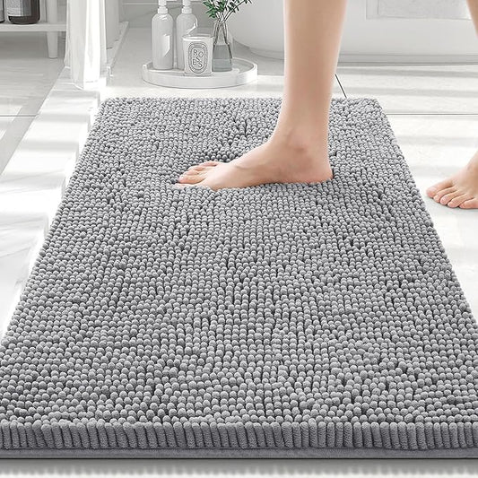 Smiry Luxury Chenille Bathroom Rugs 30x20, Extra Soft and Absorbent Shaggy Bath Mat, Machine Washable, Non-Slip Plush Carpet Runner for Tub, Shower, and Floor, Home Decor Accessories, Grey