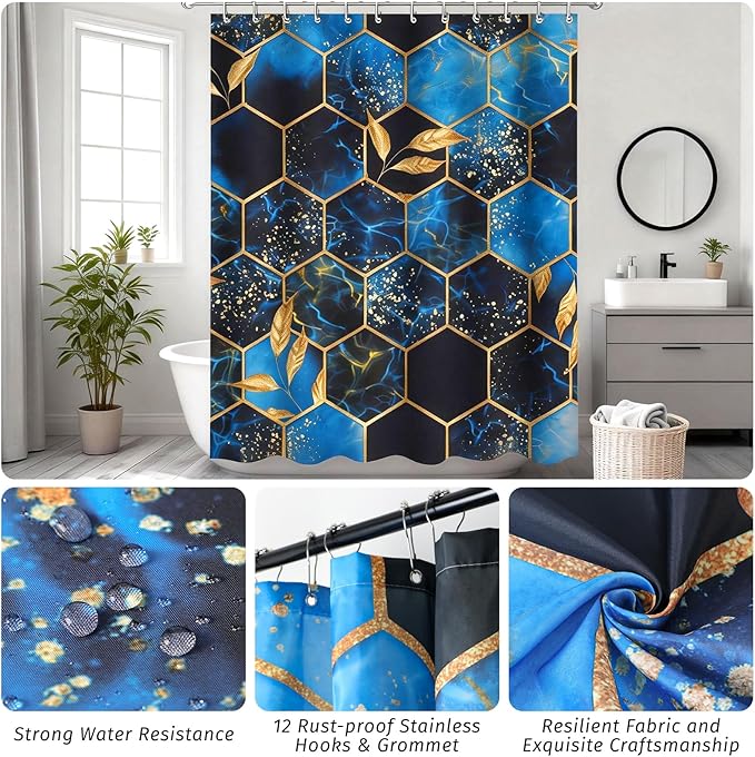Bathroom Accessory Set with Blue Shower Curtain and Rugs 24Pcs, Black Bathroom Set - Trash Can, Soap Dispenser, Soap Dish, Toilet Brush, Toothbrush Holder, Toothbrush Cup, Toilet Lid Cover