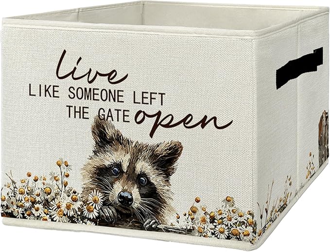 Rustic Raccoon Storage Bins & Boxes with Handles, Farmhouse Raccoon Foldable Basket for Organizing, Live Like Someone Left the Gate Open Collapsible Storage Basket for Bedroom Bathroom Clothes