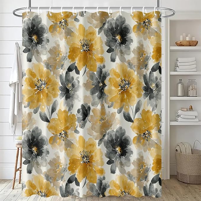 Yellow Grey Floral Shower Curtain 72x72 Inch Watercolor Flower Bathroom Curtain Modern Boho Style Machine Washable Decor