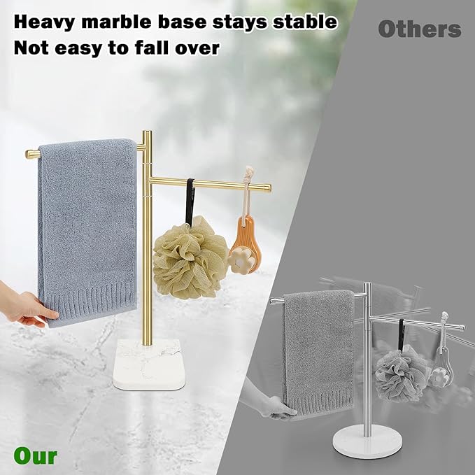 Standing Hand Towel Holder, Hand Towel Stand with Marble Base, 304 Stainless Steel Towel Rack with 2 Swivel Arm, Countertop Stand Towel Ring Towel Bar for Bathroom (Gold)