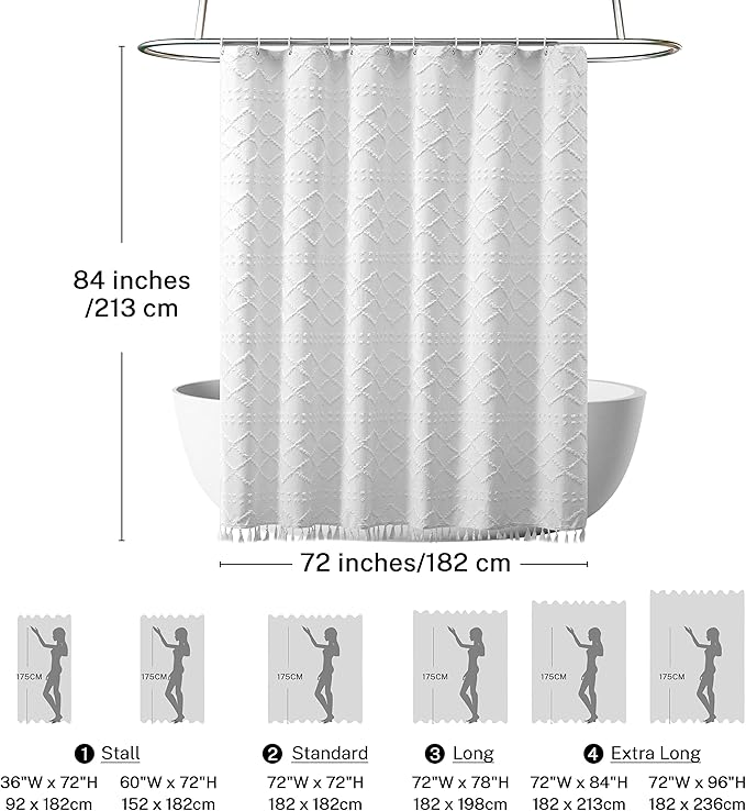 Extra Long White Textured Woven Fabric Boho Shower Curtain with Tassels 72 x 84 Modern Farmhouse Minimalist, Tufted Chevron Striped Shabby Chic, Water Resistant Cloth Curtain for Bathroom, Hotel Decor