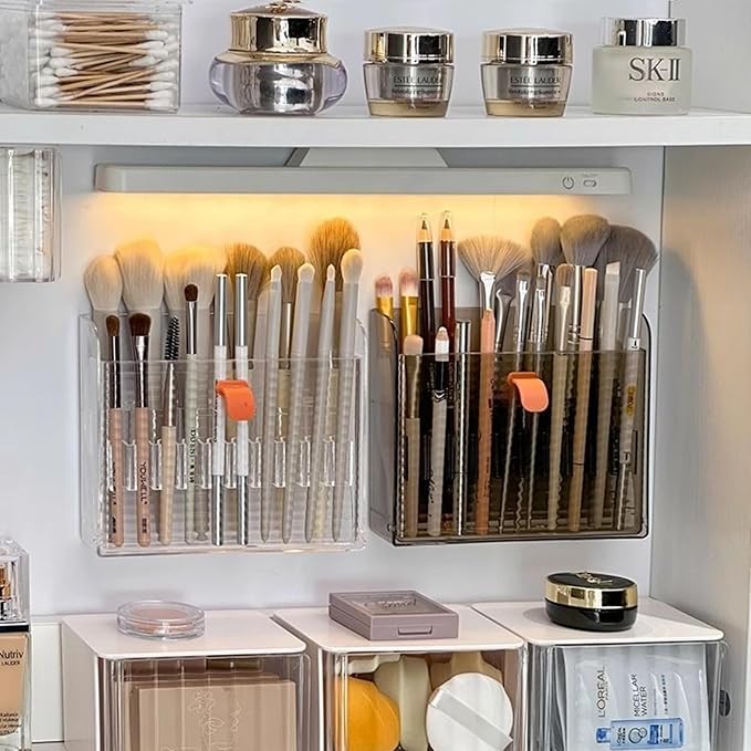 Wall-Mounted Makeup Organizers, 16-Slot Eyeliner Lip Liner Organizer Holder, Open Easy-Access Design, Space-Saving Bathroom Makeup Brush Storage Rack, Transparent Brown