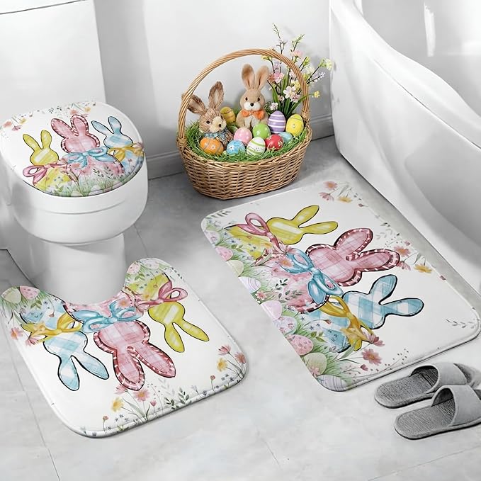 Hahafelt 4 Pcs Spring Easter Bunny Shower Curtain Sets 71 x 71 Inch Shower Curtain with 12 Hooks, Toilet Lid Cover, U Shape Bath Mat, Rectangular Bath Mat Easter Bathroom Decor Accessories