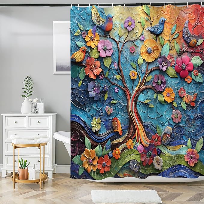 HMS Happy Memories Bohemian Flower Bathroom Curtain Colorful Boho Floral Print Beautiful Bright Polyester Fabric Cloth Shower Curtain for Bathroom Decoration, 72"x72" (Color 13)
