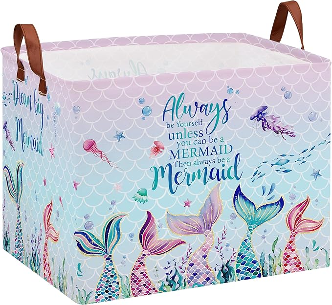 Mermaid Nursery Decor Hamper Pink Laundry Hamper Ocean Fish Animal Baby Girl Gift Basket ,Kids Storage Box Cute Beach Towel Pool Clothes Book Toy Bin,Boo Basket for Halloween