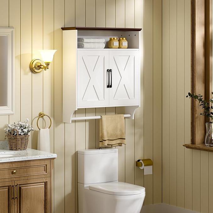 VECELO Bathroom Wall Cabinet with Motion Sensor LED Light, Farmhouse Medicine Cabinets with Open and Hidden Storage Space, Wall Mounted Storage Cabinet with Towels Bar for Bathroom, Kitchen, White