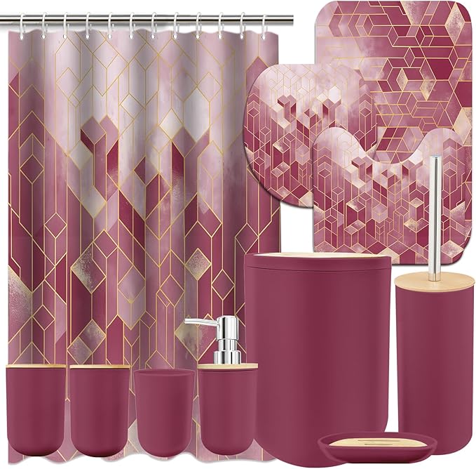 Lnond Red Bathroom Set, Red Abstract Cubes Bathroom Accessories Sets Complete, Luxury Restroom Set with Shower Curtain and Rugs, Trash Can, Toilet Brush Holder Set & Soap Dispenser