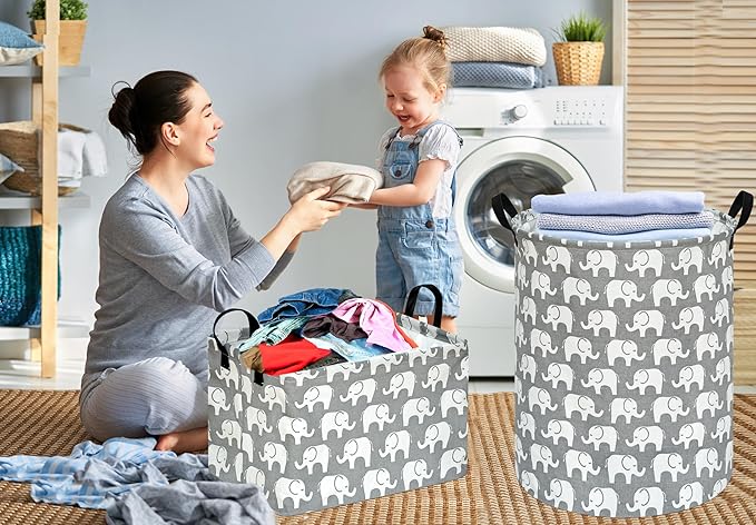 KUNRO Round Laundry Gift Basket Storage Hamper, Clothes Storage Organizer Bins, Shelf Basket with Handles for Room Decor (Elephant)