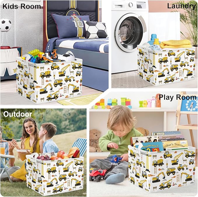 Cars Laundry Hamper Cartoon Vehicle Large Storage Basket Collapsible Parents Organizer Boy Toy Clothes Bins for Bedroom, Bathroom, Engineering, 36L