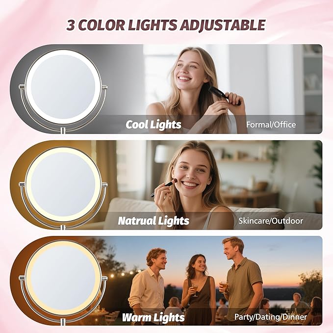 9" Lighted Makeup Mirror, 1X/20X Rechargeable Magnifying Mirror with 3 Color Dimmable Lights for Bedroom Tabletop, Base Charging and Switch, Women Gift