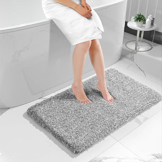 Yimobra Luxury Bathroom Rugs, Fluffy Bath Mats, Non Slip, Water Absorbent Microfiber, Machine Washable, Plush Carpet Shower Rugs, Thick Matts for Bathroom Floor&Tub, 44"x 24", Light Gray and White