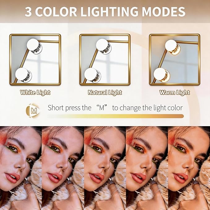 Makeup Vanity Mirror with Lights LED Makeup Mirror Detachable 10X Magnification, Hollywood Make Up Mirror with Lighting, Smart Touch, Rechargeable,360° Rotation, Gold 17.12"x13.77"