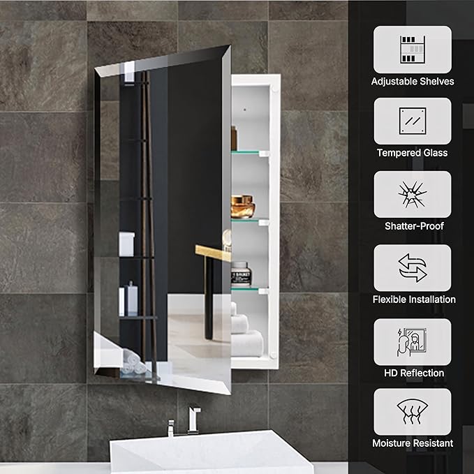 HOUSE REFLECTION Bathroom Medicine Cabinet Mirror – Frameless Beveled Mirror Door, Wall Mounted Bathroom Mirror Cabinet, Recessed or Surface Mount, (12" x 21" Cabinet, 14" x 24" Mirror Door)
