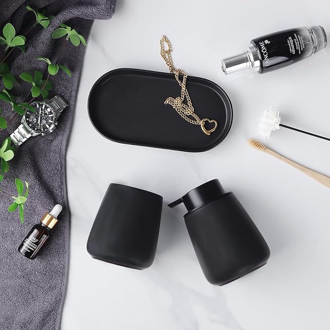 Matte Black Bathroom Accessory Set - 3pcs Ceramic Soap Dispenser Set Vanity Countertop Accessories Set, Includes Refillable Foaming Hand Soap Dispenser, Toothbrush Holder and Tray (Foam Pump)
